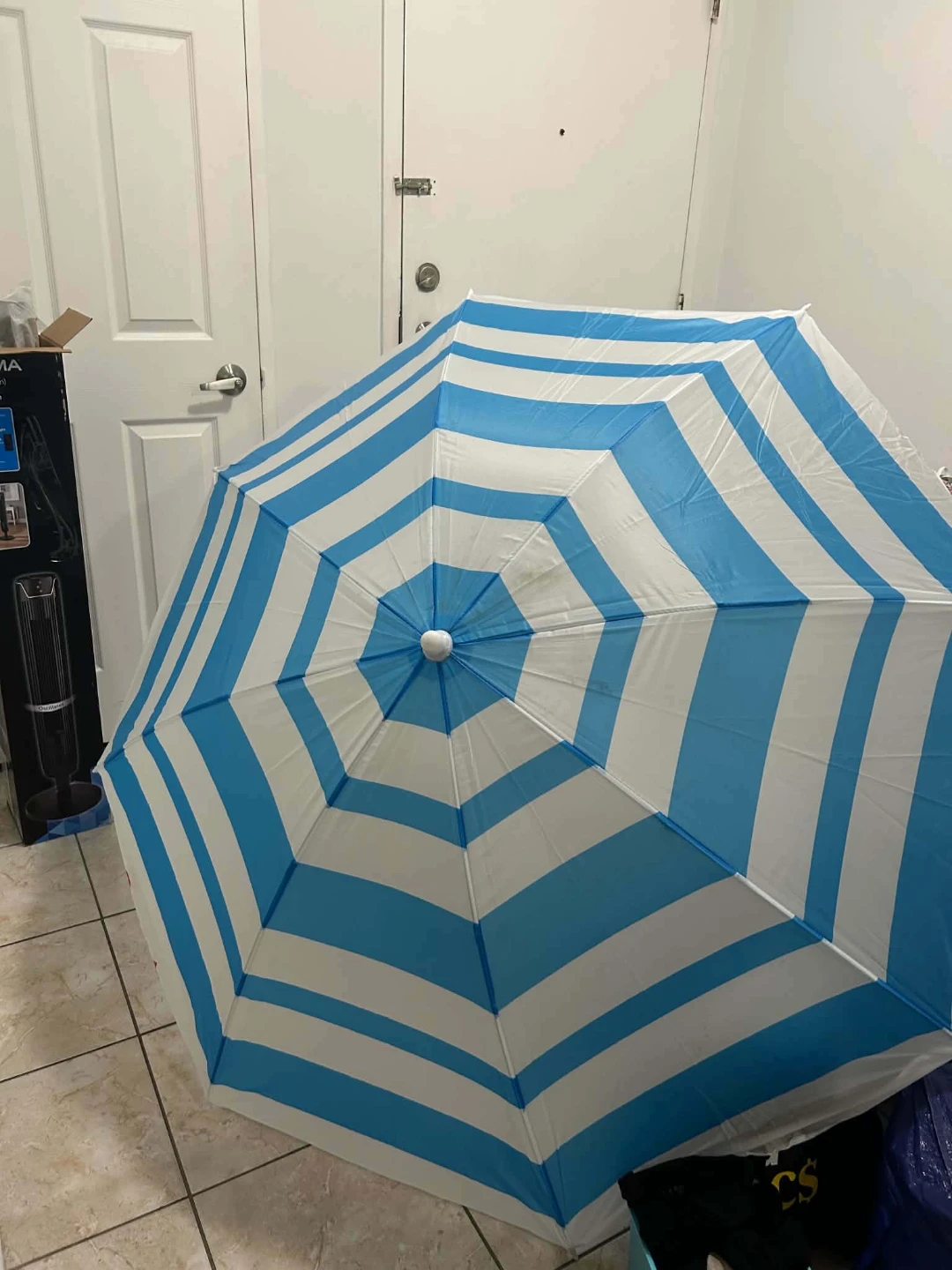 Blue and White Striped Beach Umbrella with Two Poles - photo 2