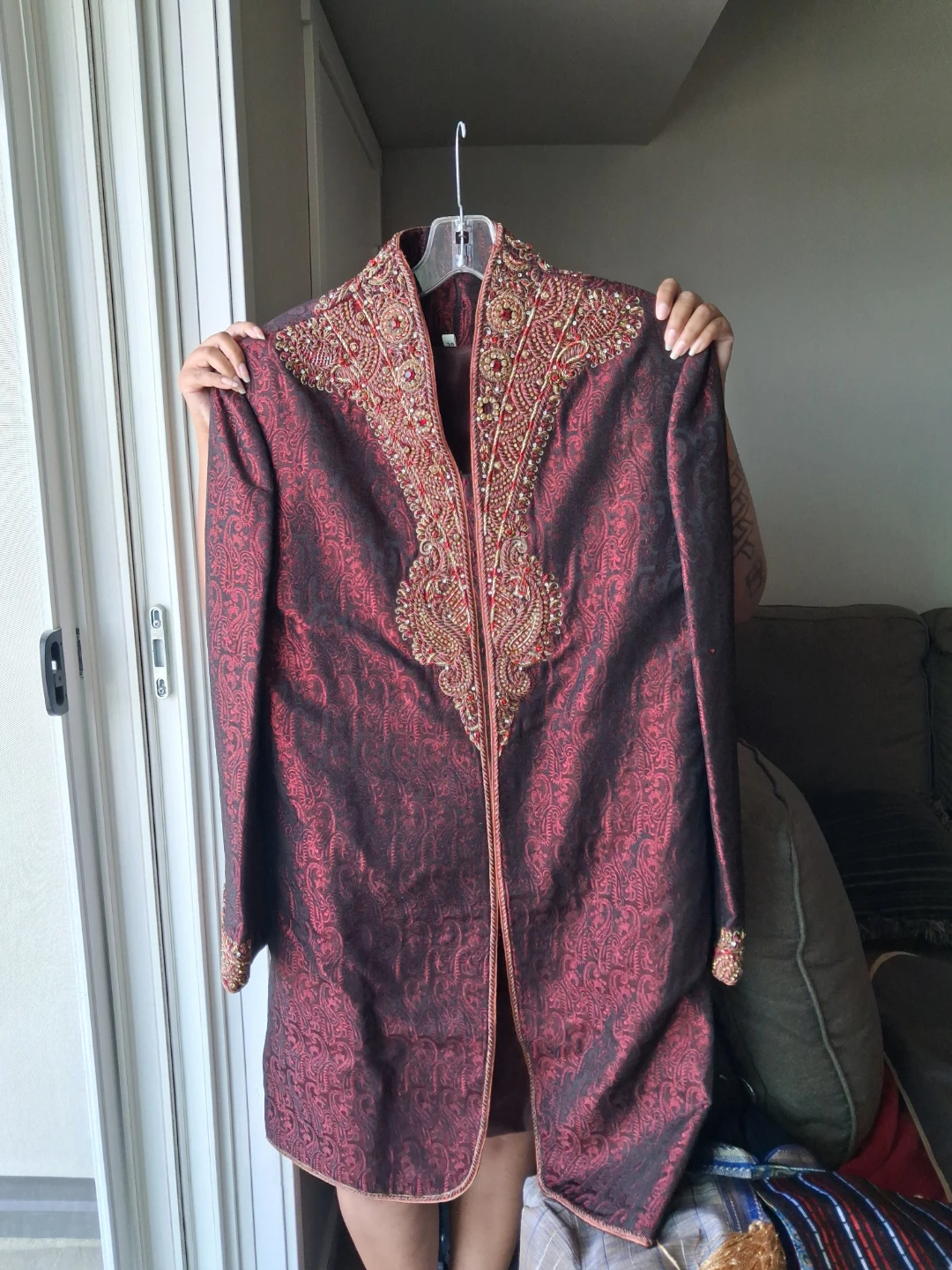 Embellished Red Brocade Sherwani Jacket - photo 3