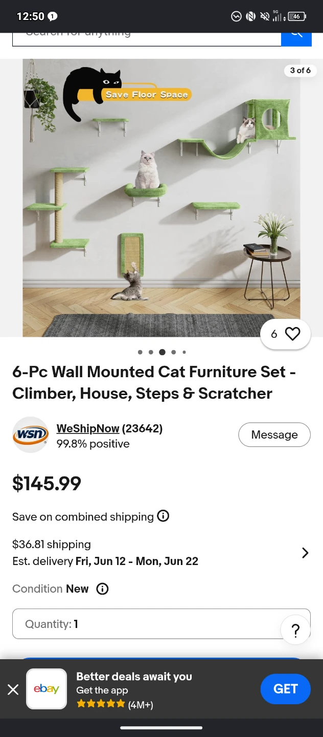 NUNU LAB Wall Mounted Cat Furniture Set - Dark Gray, Set of 6 - photo 5
