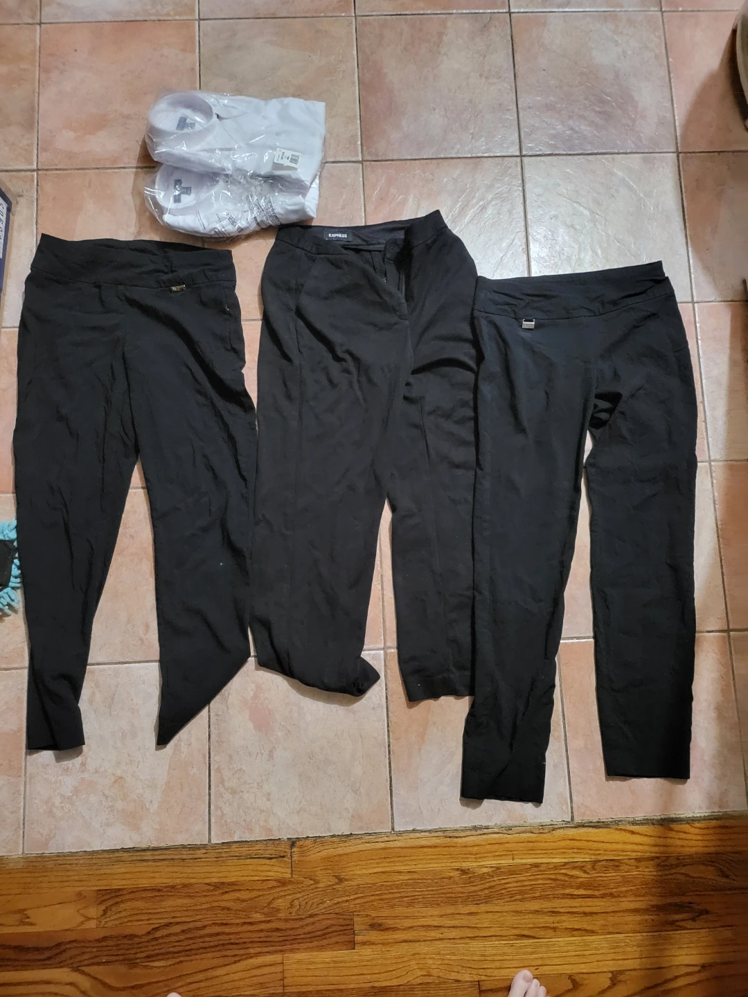 Old black work pants + new white collar shirts