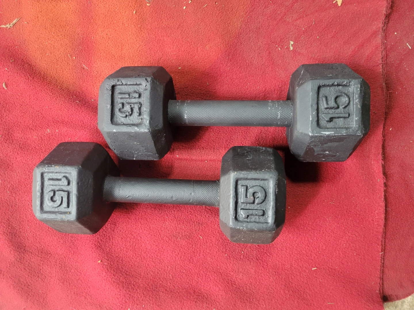 SET OF  15s. DUMBBELLS  TOTAL 30LBs