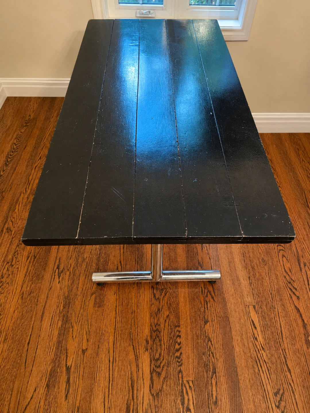 Industrial Wood Table with Chrome Metal Pedestal Base