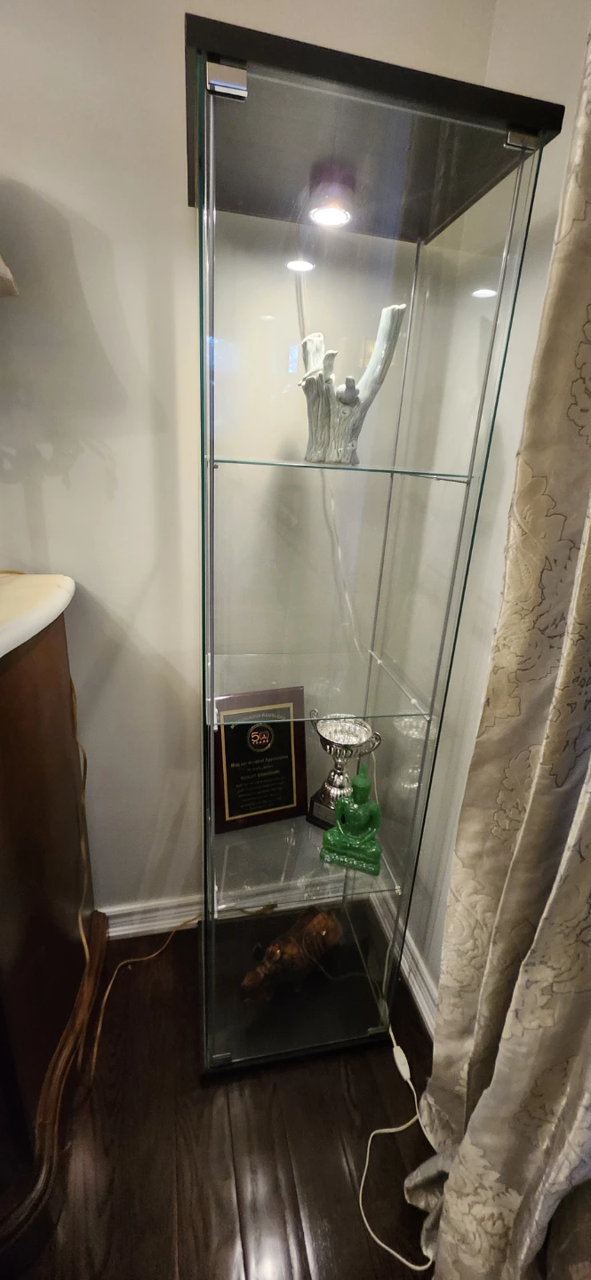 Dark Wood Console Table  glass shelf and a lamp