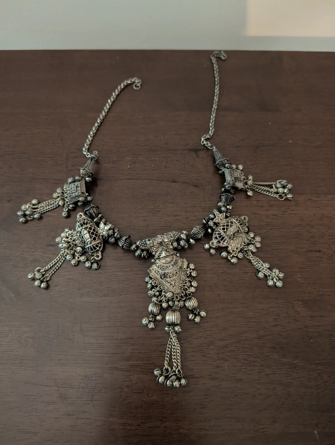 Ornate Silver-Tone Necklace with Tassels