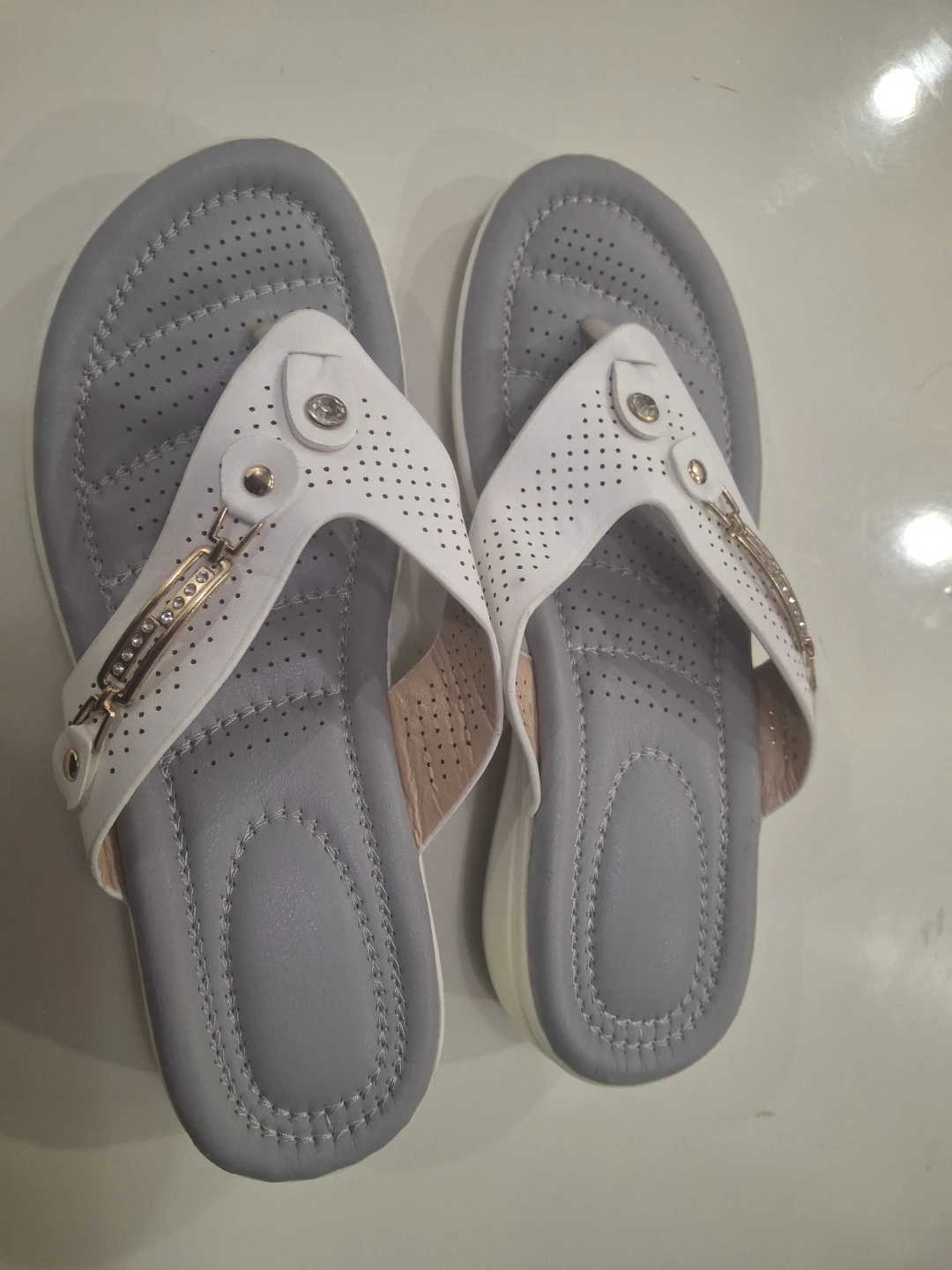 White and Grey Women's Flip Flops Size 38
