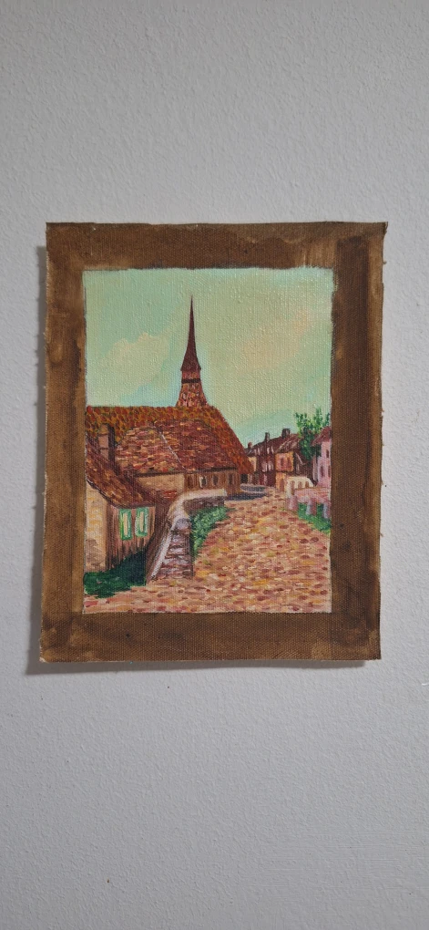 Oil Painting of a European Village Street Scene
