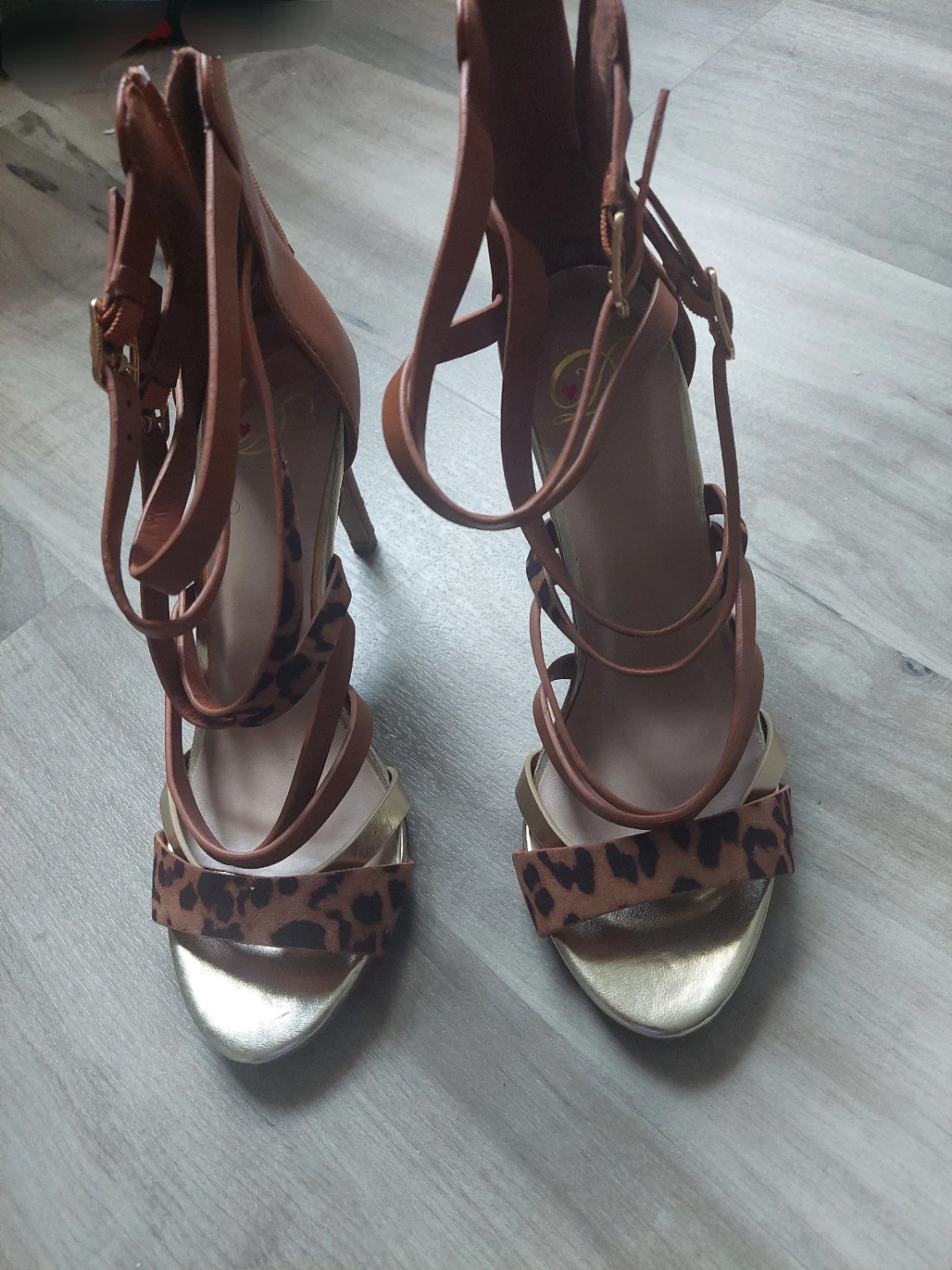 Women's Brown Strappy Heels with Leopard Print Accent
