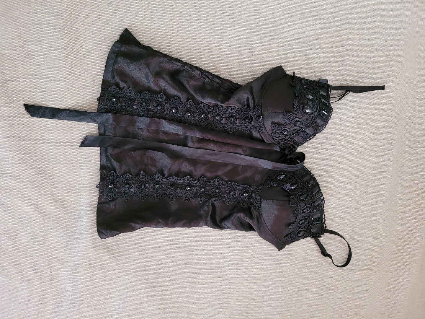 Black satin chemise with lace and beading