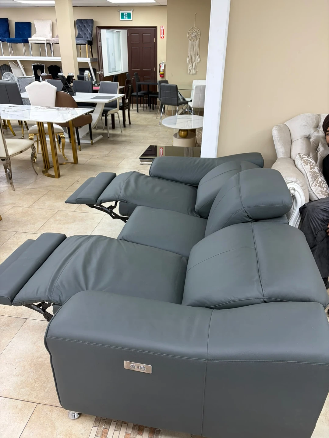 Grey Leather Power Reclining Sofa