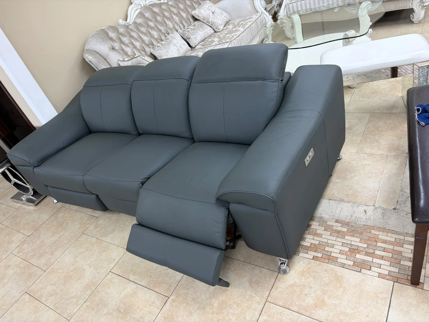 Grey Leather Power Reclining Sofa - photo 4