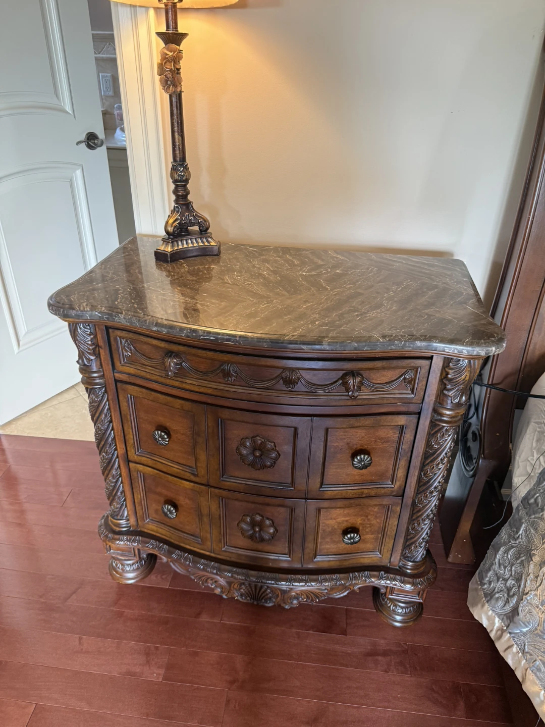 Ornate Wooden Nightstand with Marble Top - photo 2