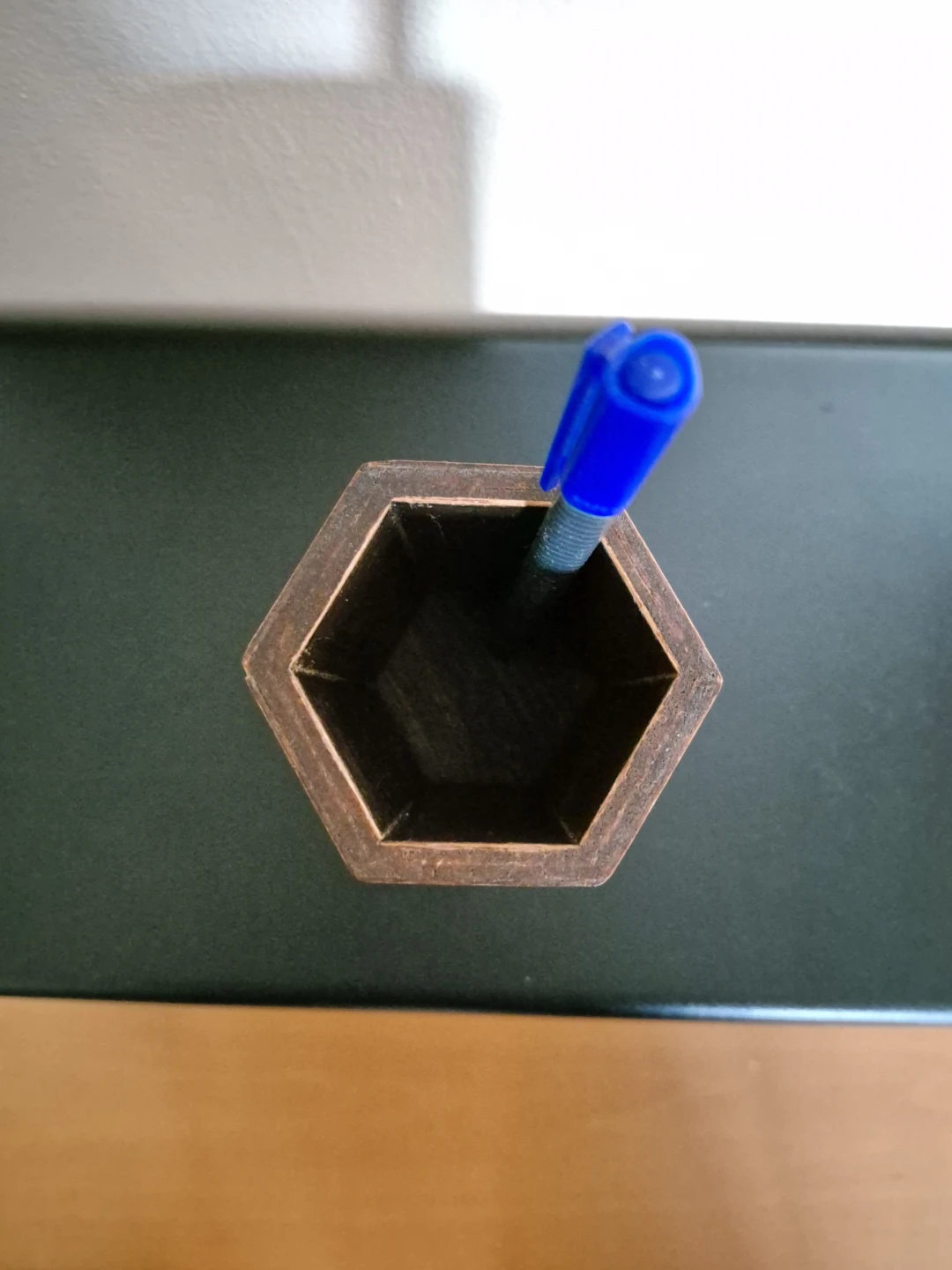 Vintage Inlaid Wood Hexagonal Pen Holder: Geometric Marquetry - photo 5
