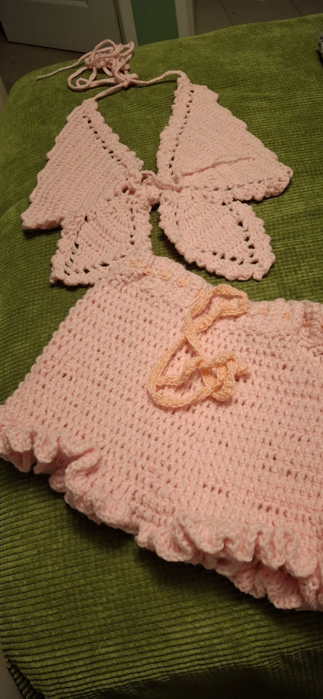 Pink Crochet Halter Top and Skirt Set