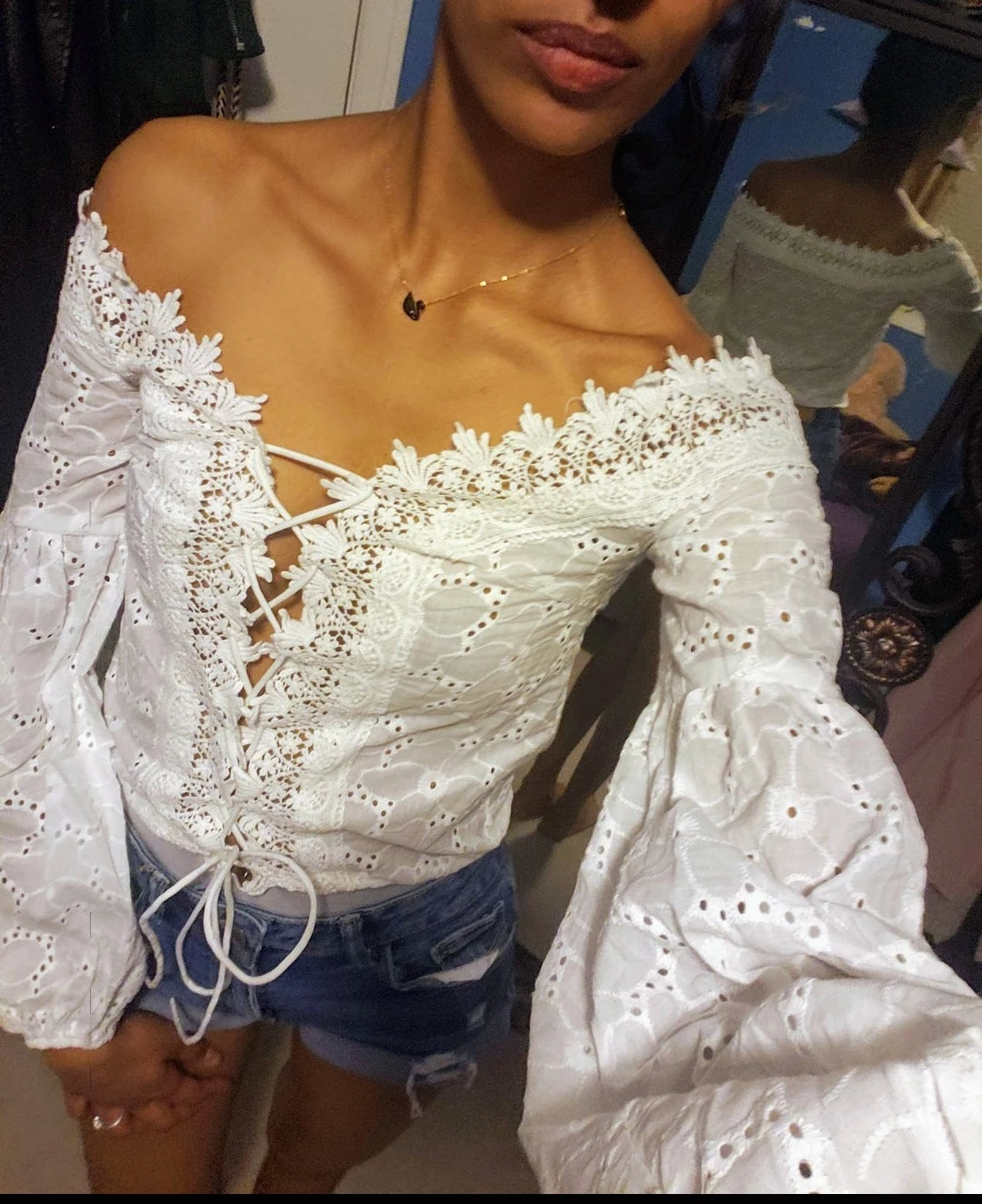 White Eyelet Lace Off-the-Shoulder Bodysuit