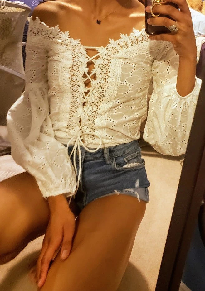 White Eyelet Lace Off-the-Shoulder Bodysuit - photo 2