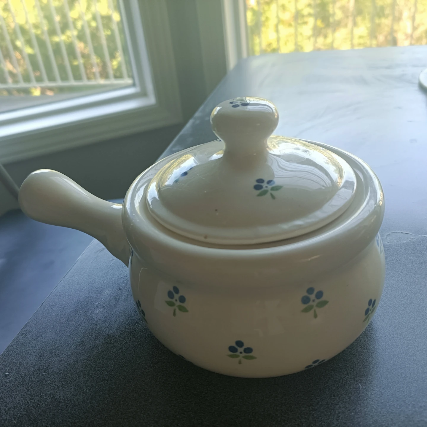 Cream Ceramic Pot with Blue Flower Design
