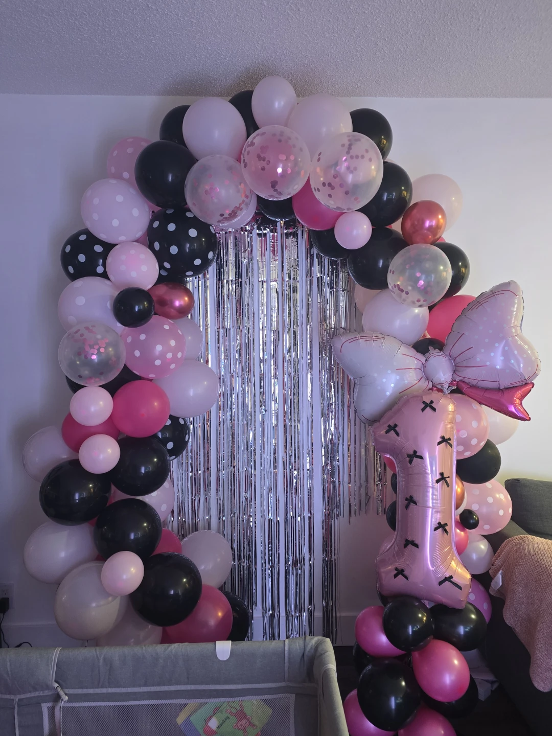 Pink, Black & White Balloon Arch with '1' Balloon