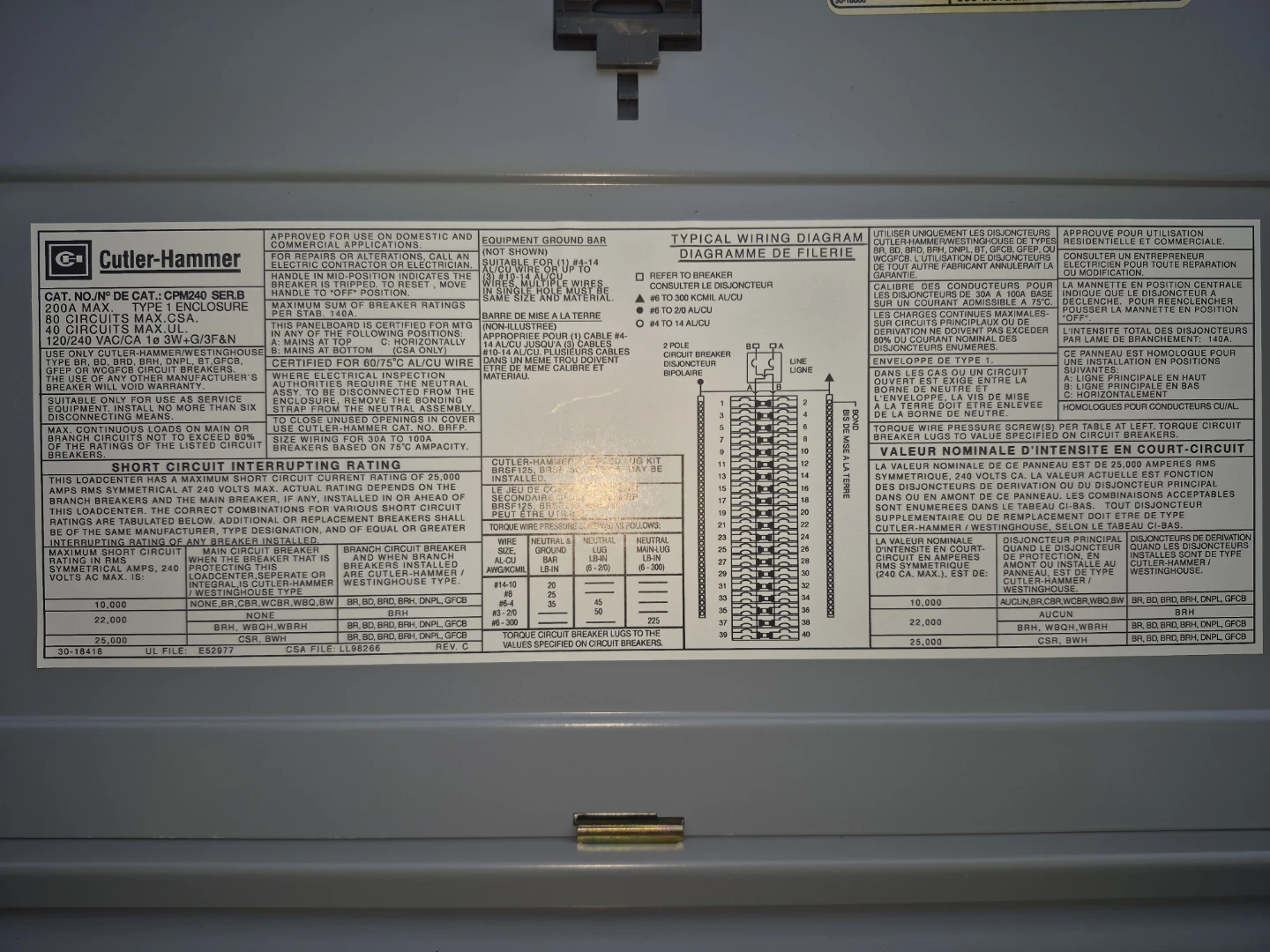 Cutler-Hammer 200 Amp Main Breaker Panel