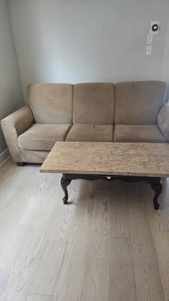 Marble top end table, 3 seats sofa and love seat