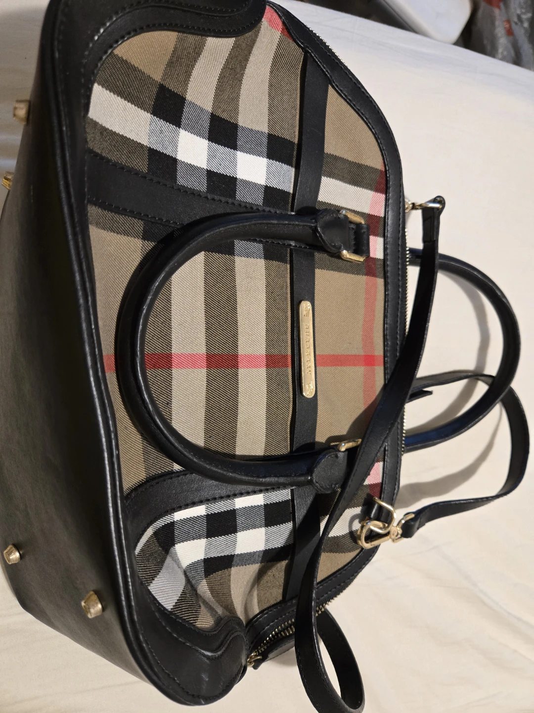 Burberry Haymarket Check Leather Trimmed Satchel
