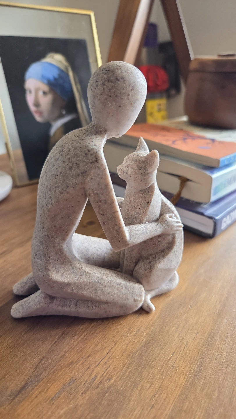 Human & Cat Sculpture – Stone-Finish Figurine *new