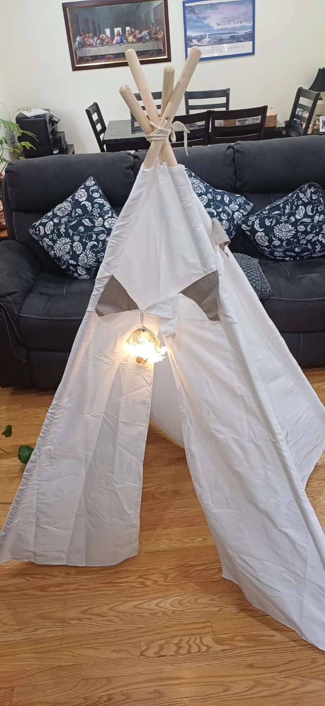 White Cotton Teepee Tent with Lights and Banner - photo 5