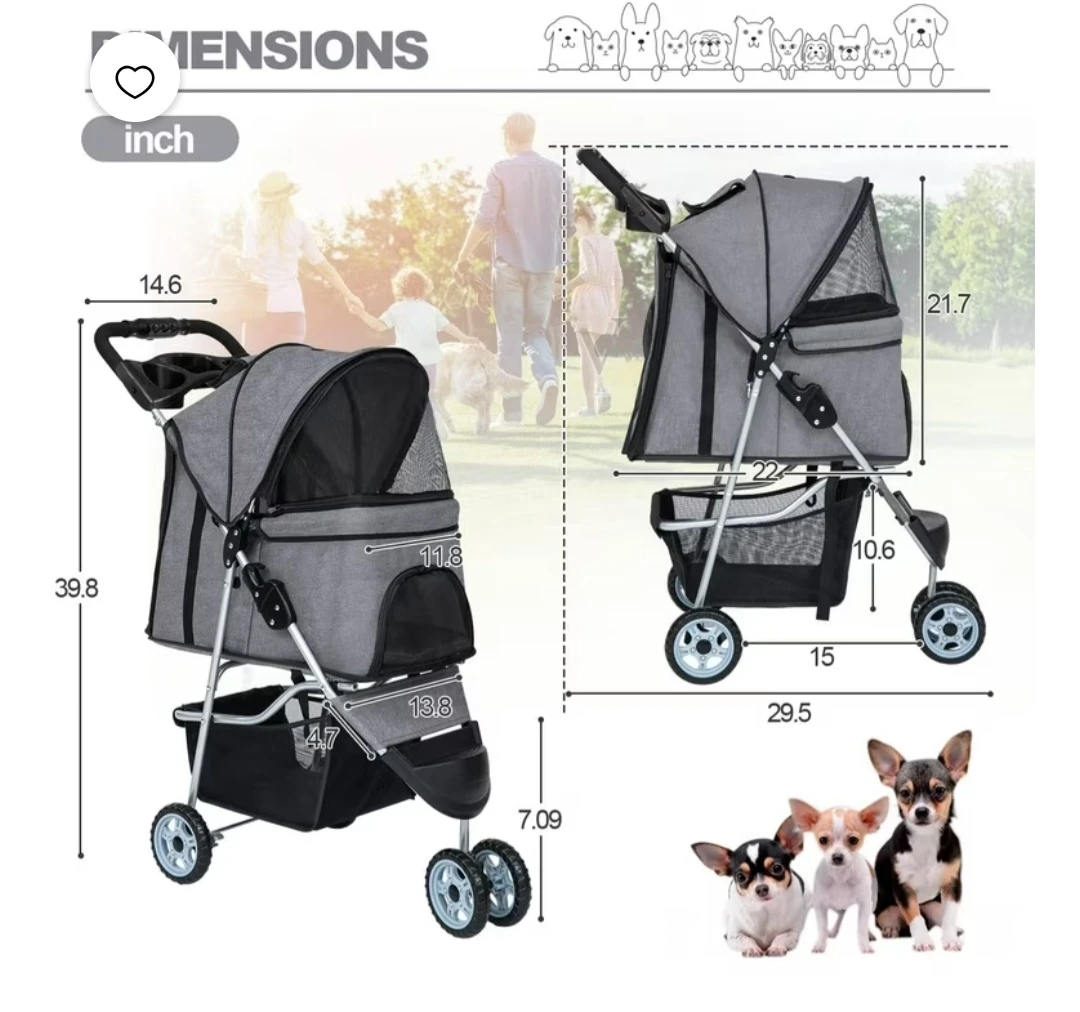 Grey Pet Stroller with Cup Holder and Storage Basket - photo 2