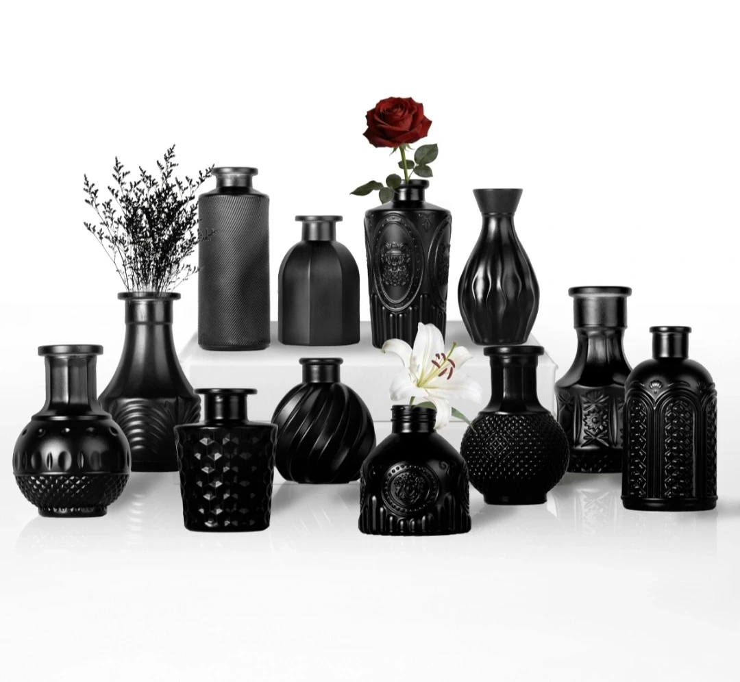 12 Black Small Glass Vases - Assorted Styles