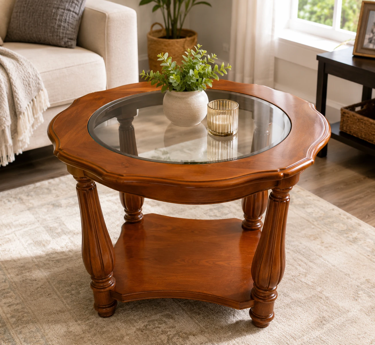 Wooden End Table with Glass Top