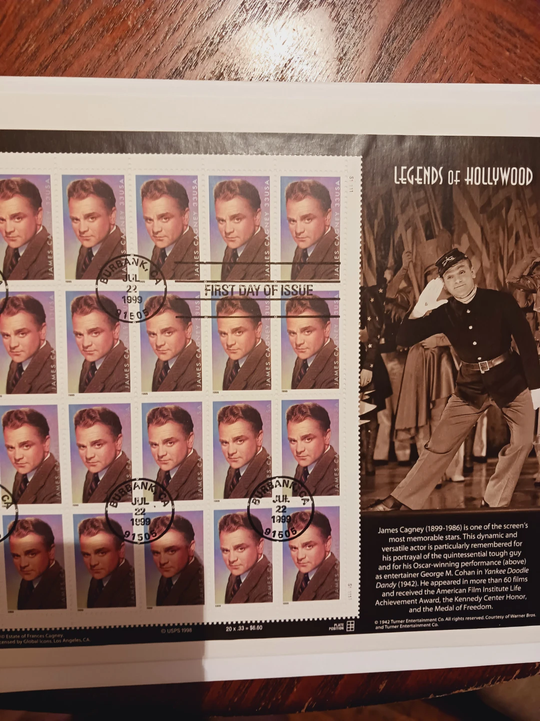 USPS James Cagney Legends of Hollywood First Day Issue Stamps - photo 2