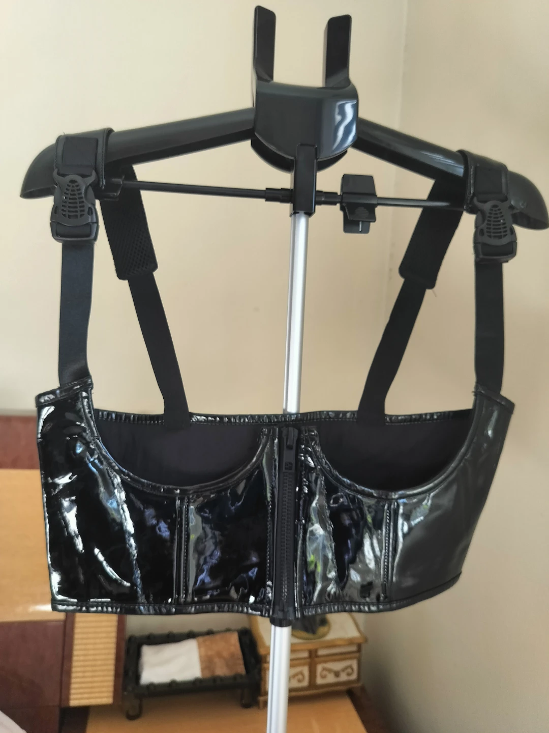 Black Patent Corset Top with Zipper. Size L