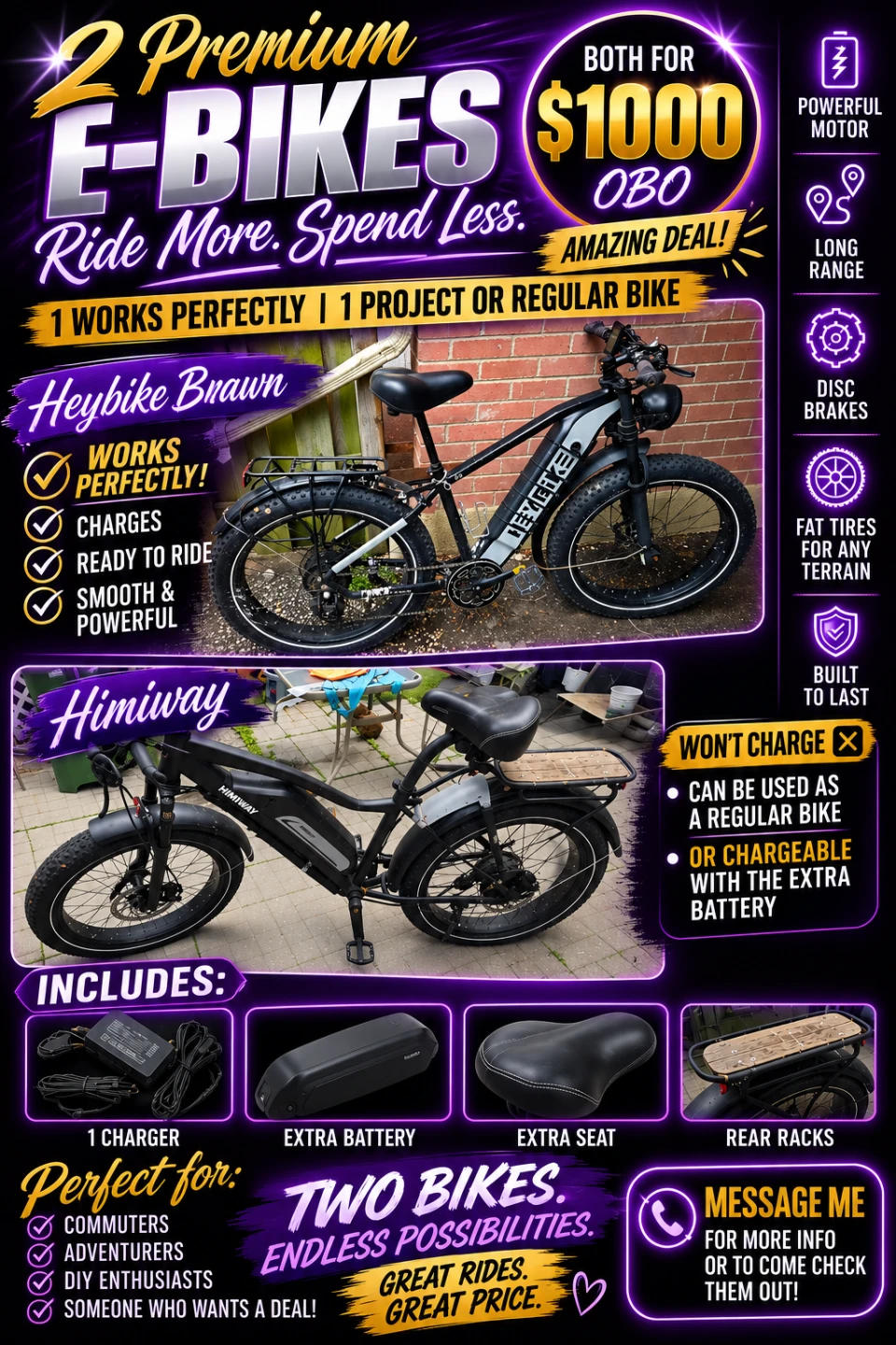 2 Fat Tire E-Bikes + Extras - $1,000 OBO