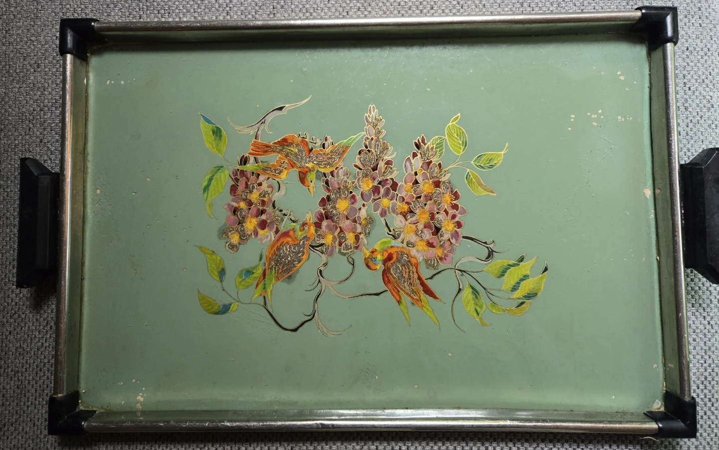 Vintage Mid-Century Reverse Painted Glass Bird Serving Tray