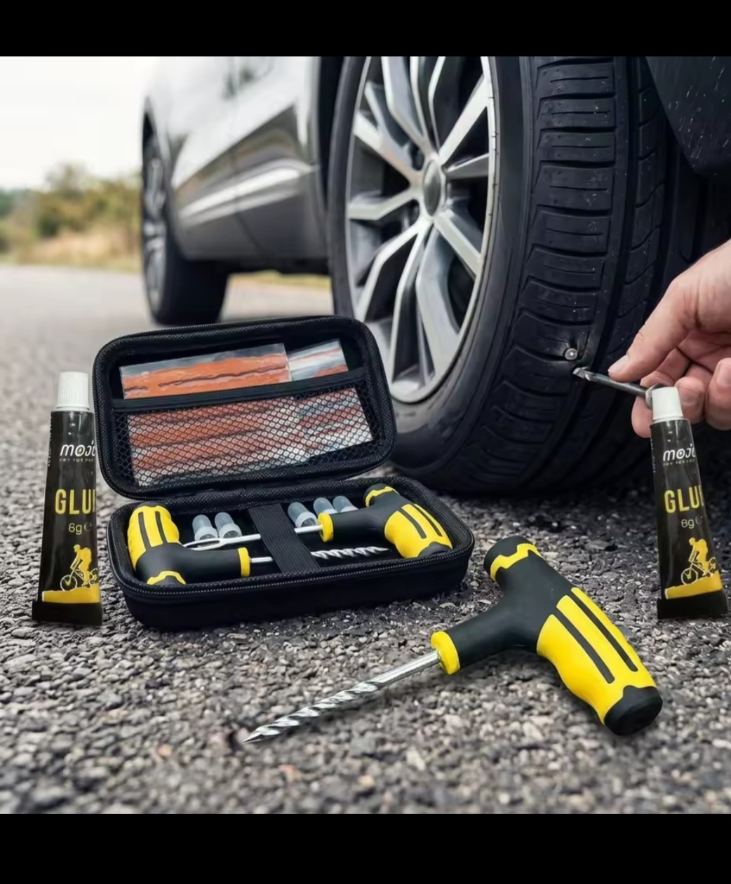 Tire Repair Kit with Steel Drill Bit and Glue