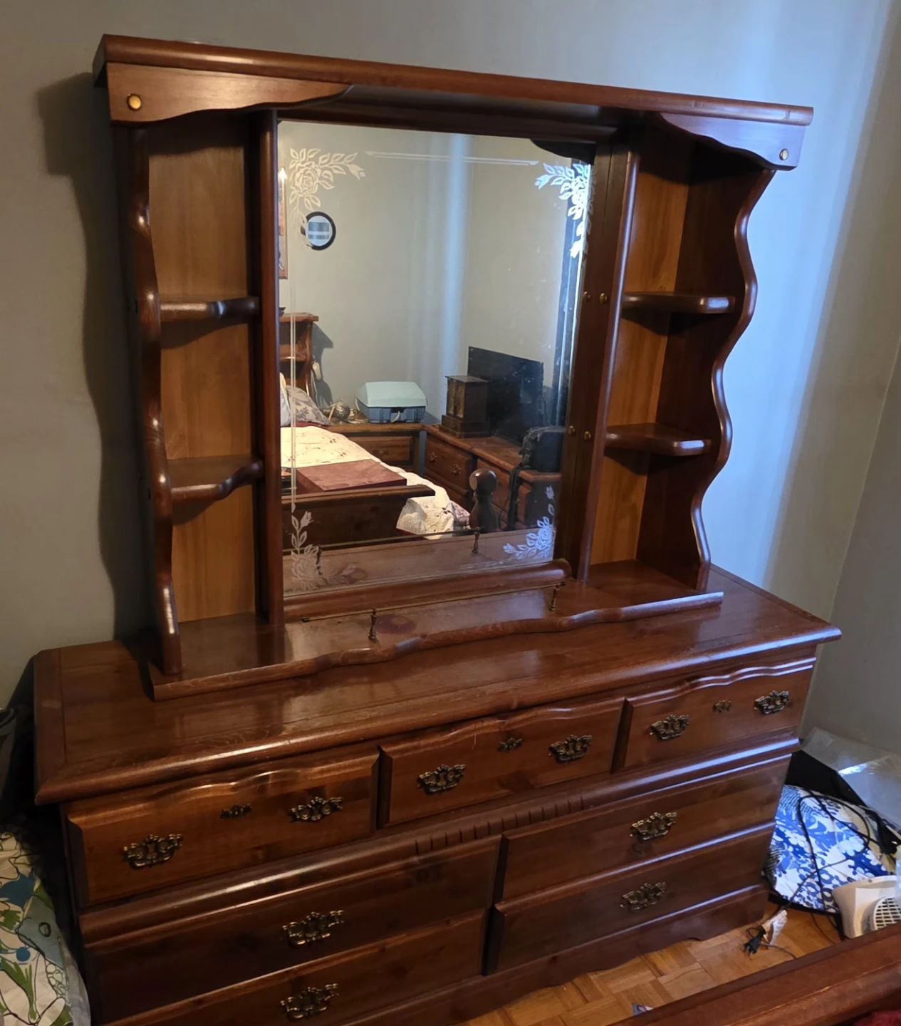 Wooden Dresser with Mirror and Shelves