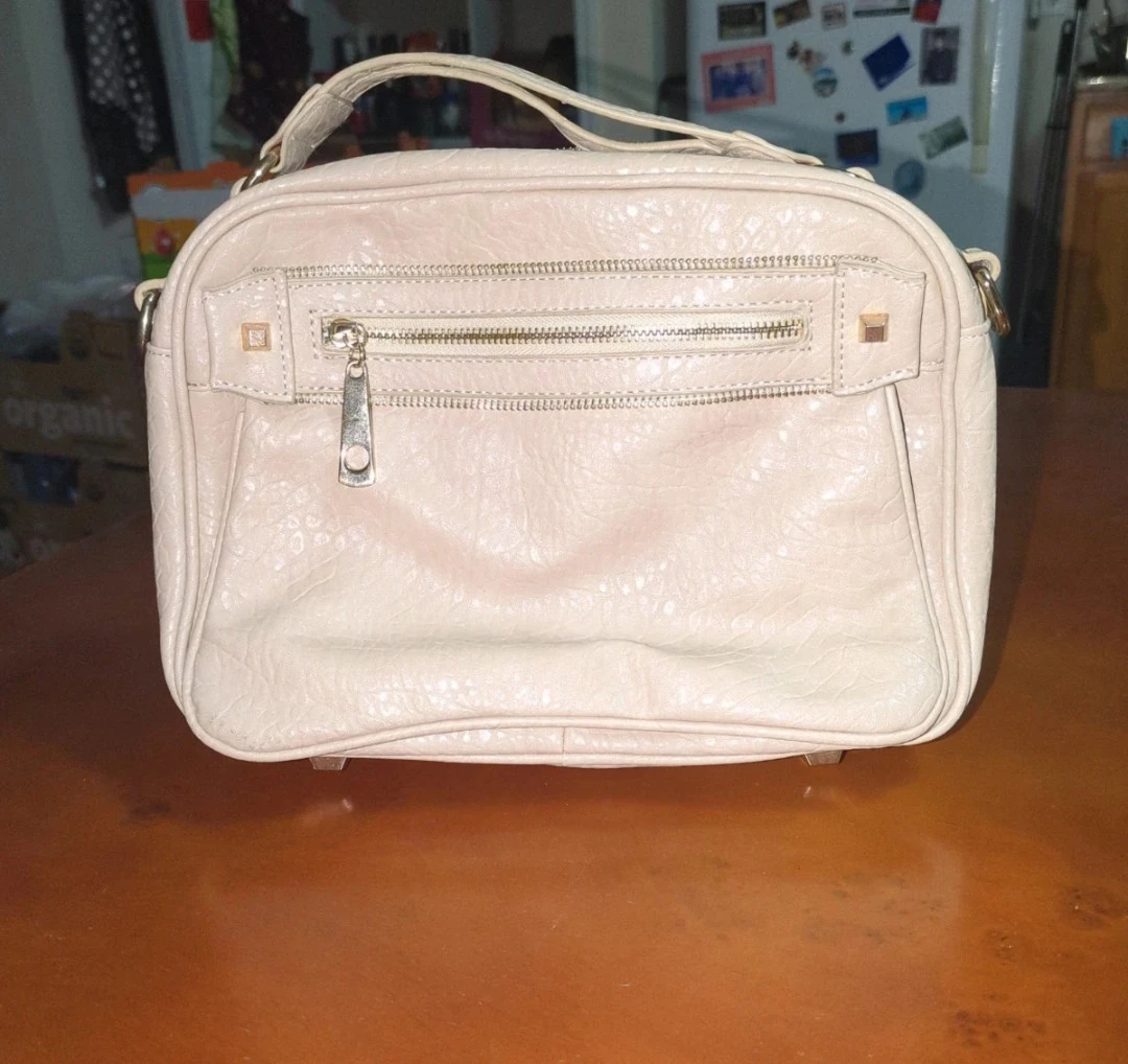 Light Beige Handbag with Striped Lining