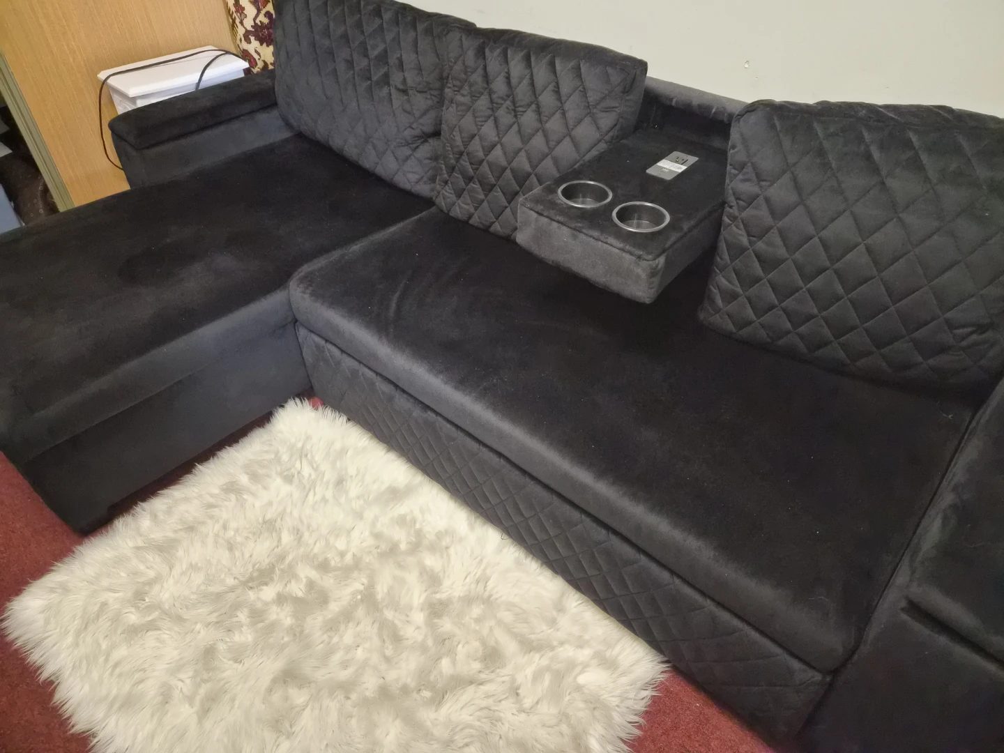 Black Velvet Sectional Sofa with Storage and Cup Holders - photo 2