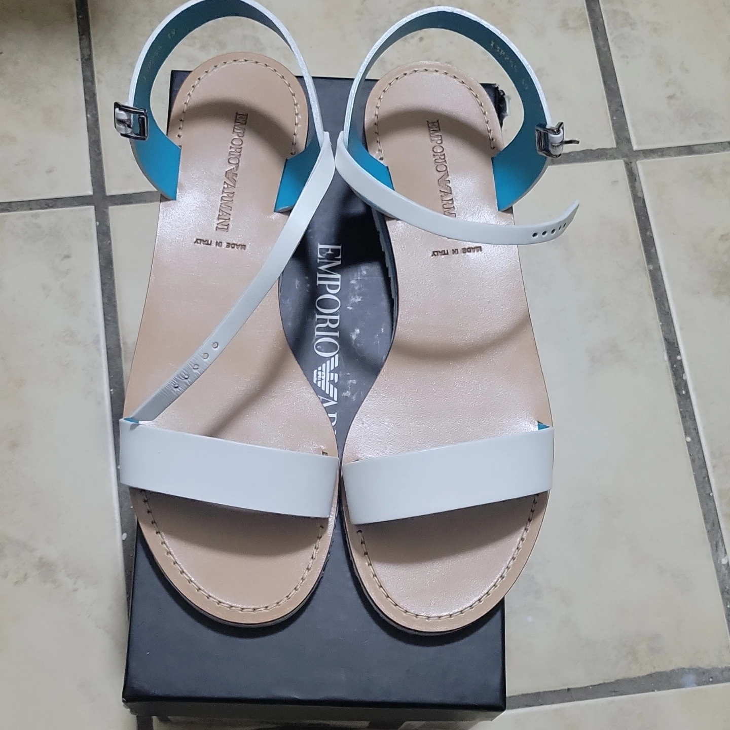 Emporio Armani White & Blue Leather Sandals