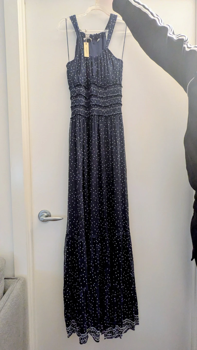 Max studios blue maxi dress with white polka dots.