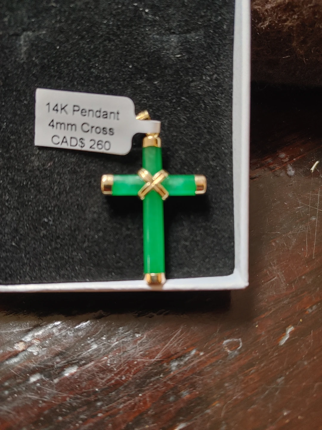 14 k Gold with Jade pendant 4mm cross  $300