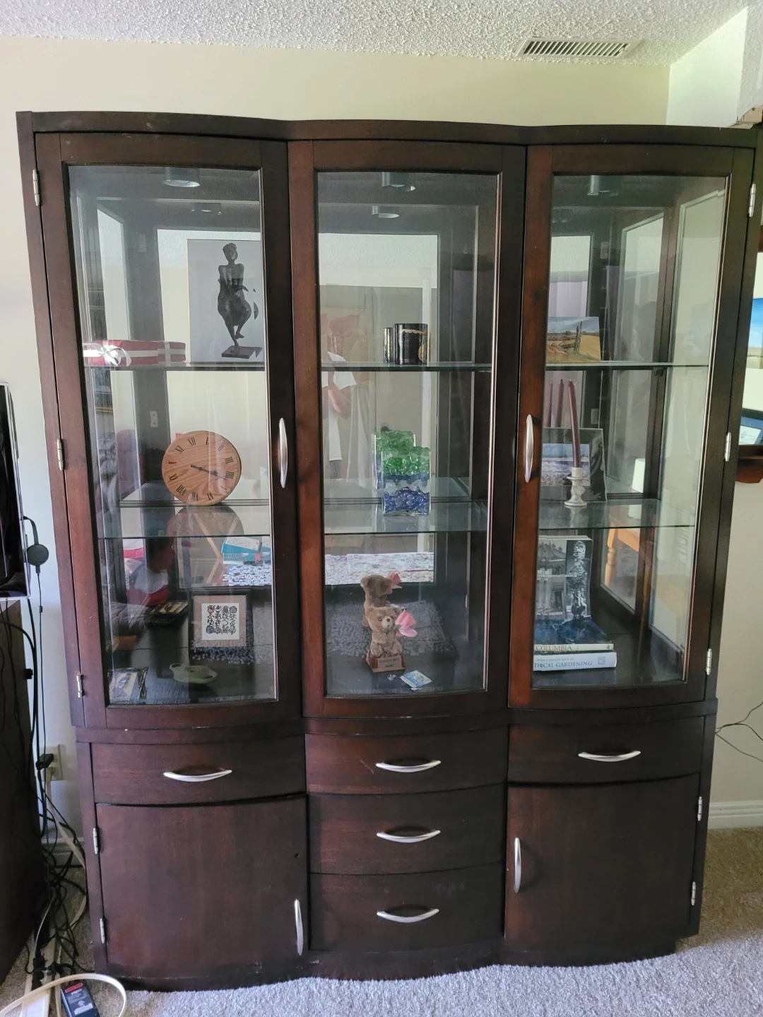 Dark Wood Display Cabinet with Glass Doors and Drawers