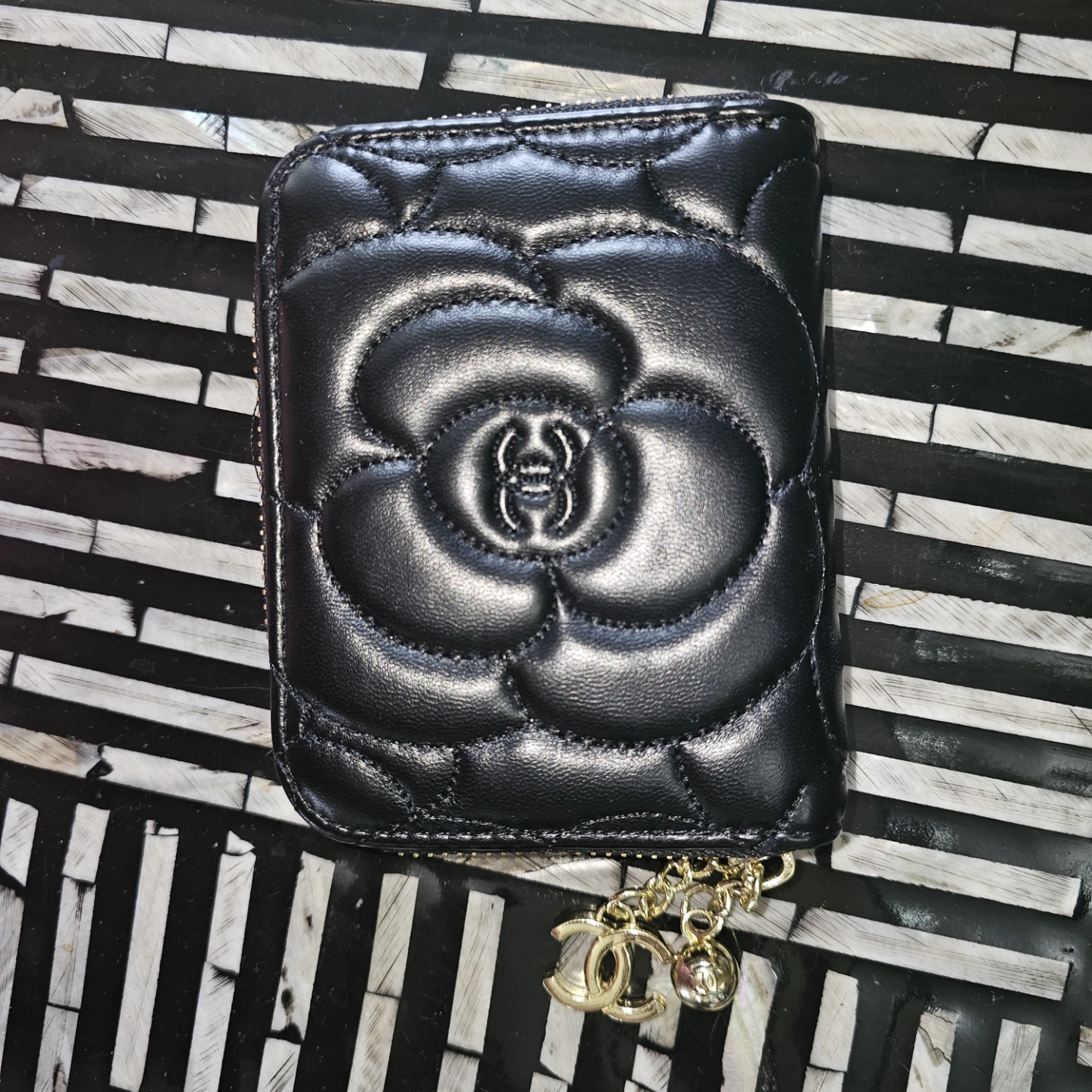 Black Quilted Camellia Small Wallet