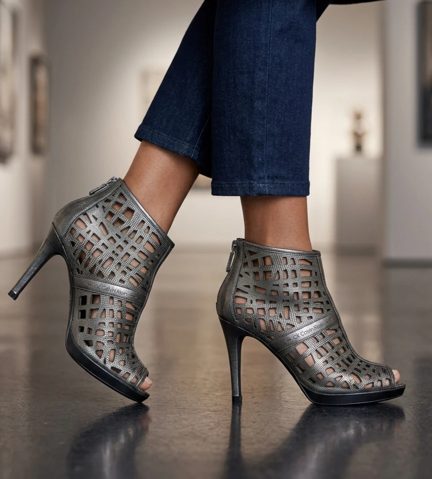 Calvin Klein Karla Laser-Cut Leather Peep-Toe Booties – Size 7