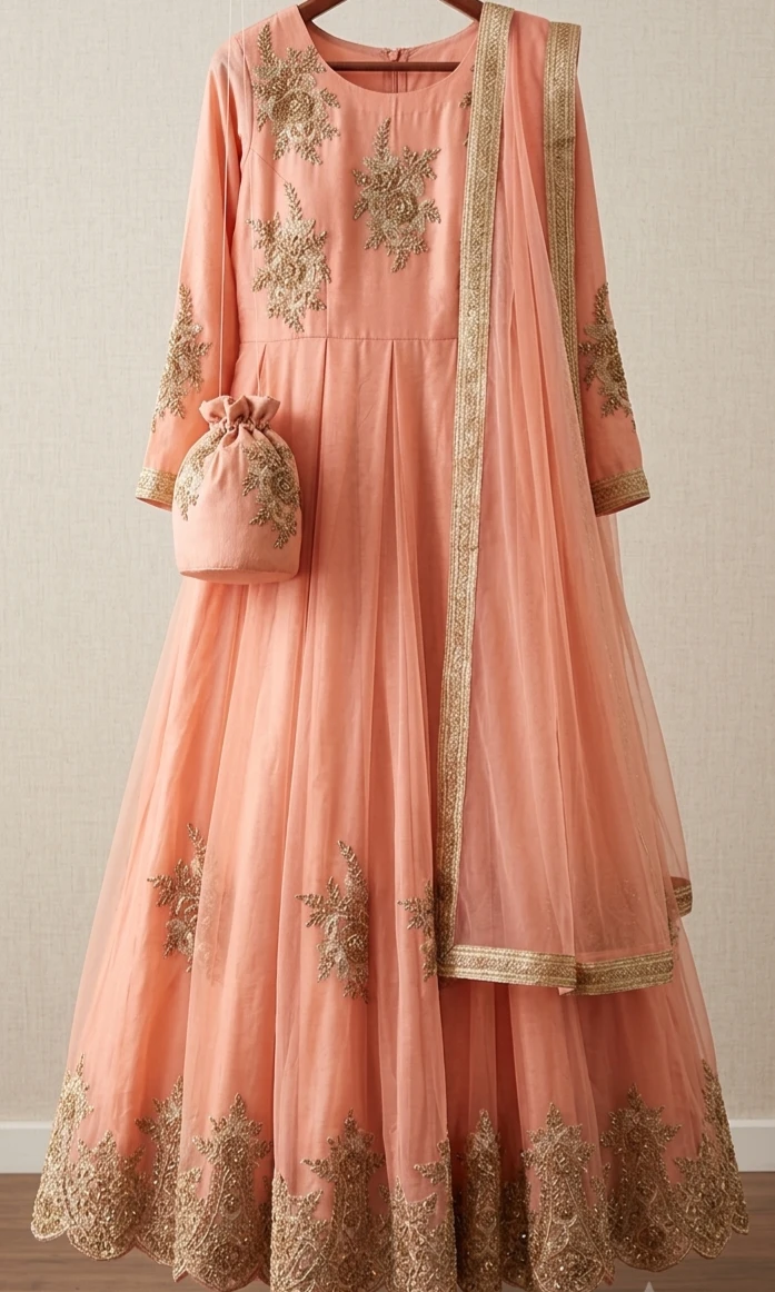 Peach Embroidered Anarkali Suit with Potli Bag