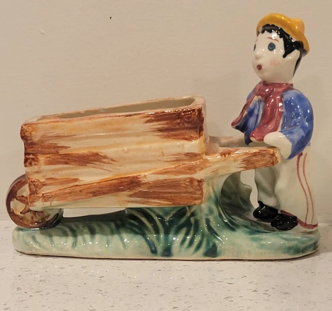 Vintage Ceramic Planter Boy with Wheelbarrow. Plants . Plant pot