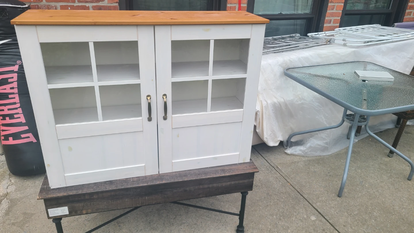 White Two-Door Display Cabinet with Wooden Top