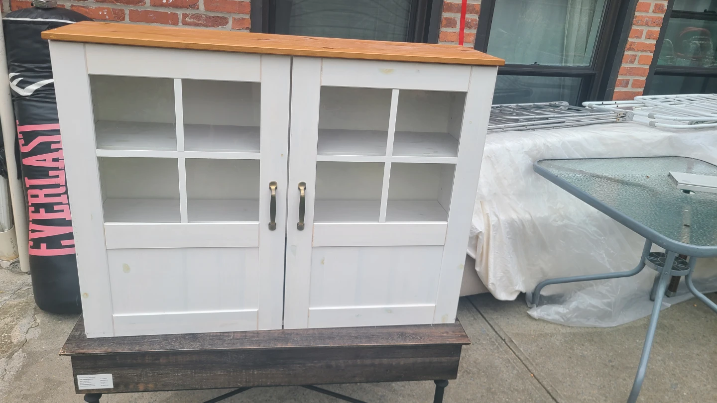 White Two-Door Display Cabinet with Wooden Top - photo 2