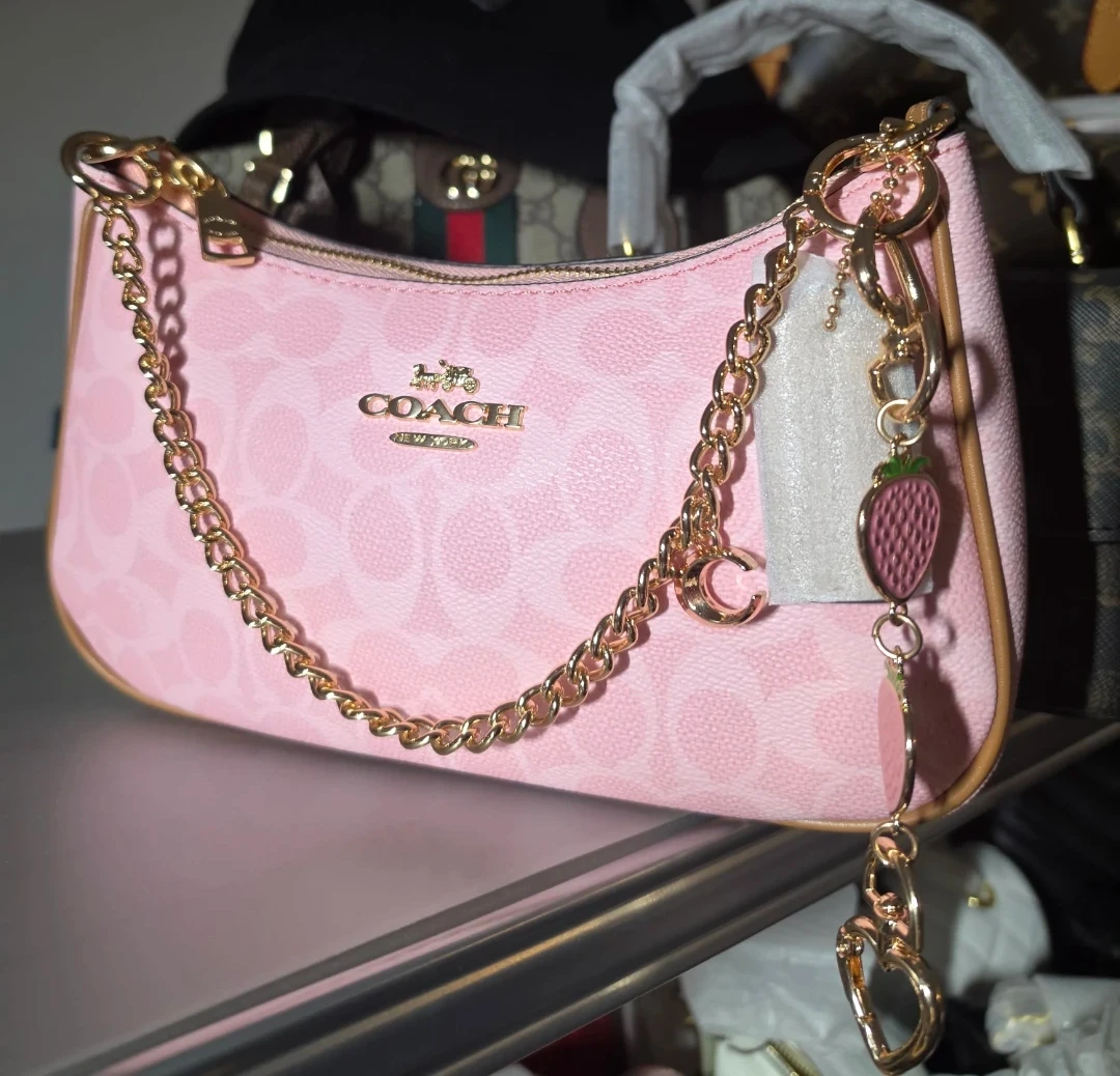 Coach Pink Signature Strawberries Charm Shoulder Bag