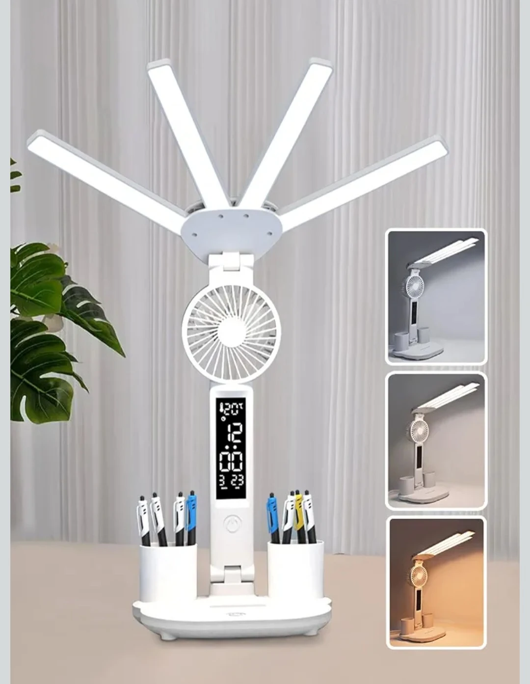 White LED Desk Lamp with Fan, Clock, and Pen Holders