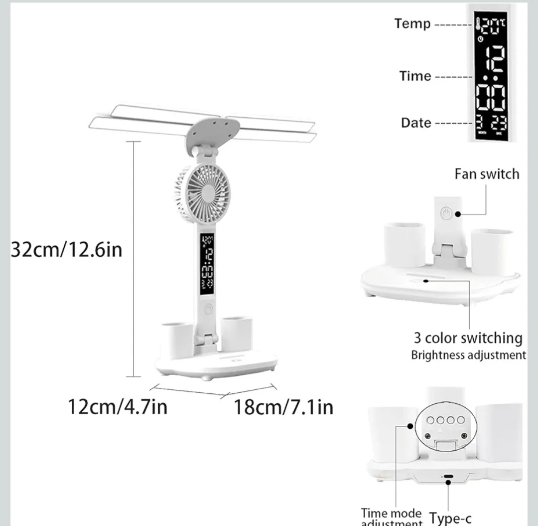 White LED Desk Lamp with Fan, Clock, and Pen Holders - photo 3